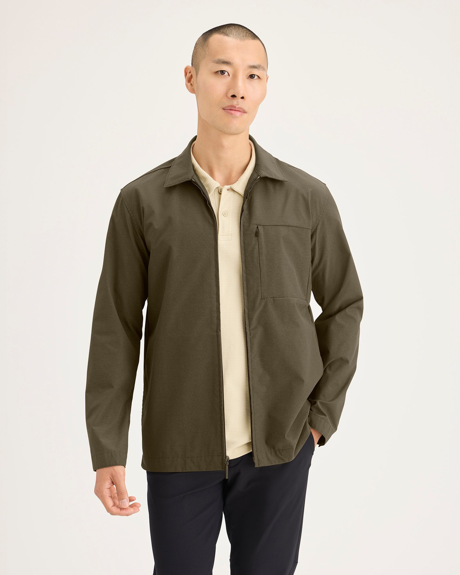 Front view of model wearing Dark Olive Go Overshirt, Regular Fit.