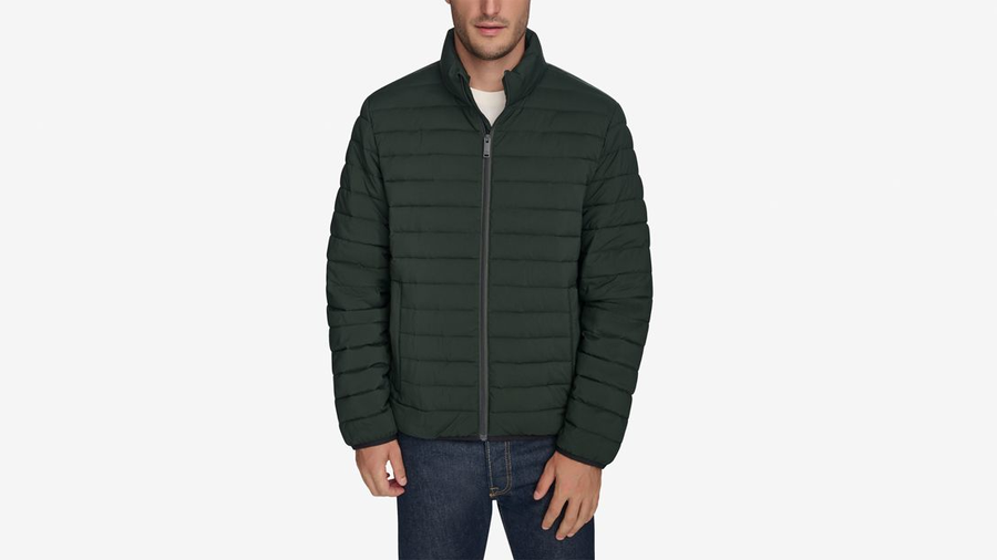 Front view of model wearing Deep Forest Men's Packable Jacket.