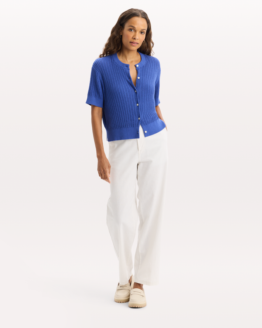 View of model wearing Deep Ultramarine Short Sleeve Cardigan, Regular Fit.