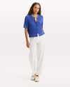 View of model wearing Deep Ultramarine Short Sleeve Cardigan, Regular Fit.