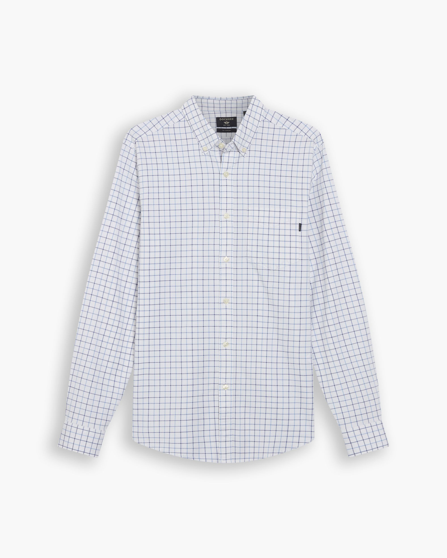 View of model wearing Delano Lucent White Bel Air Blue Oxford Shirt, Slim Fit.