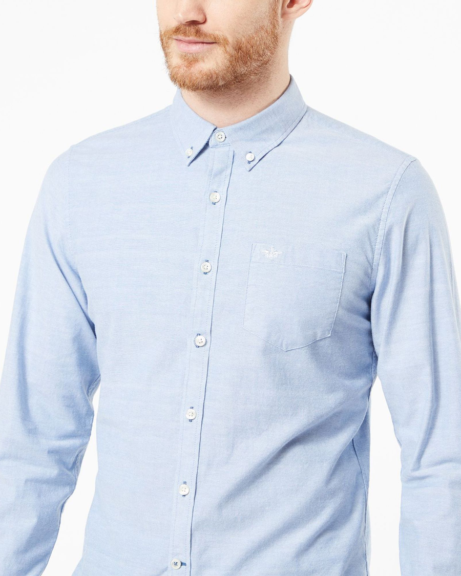 View of model wearing Delft Big and Tall Button Collar Shirt.