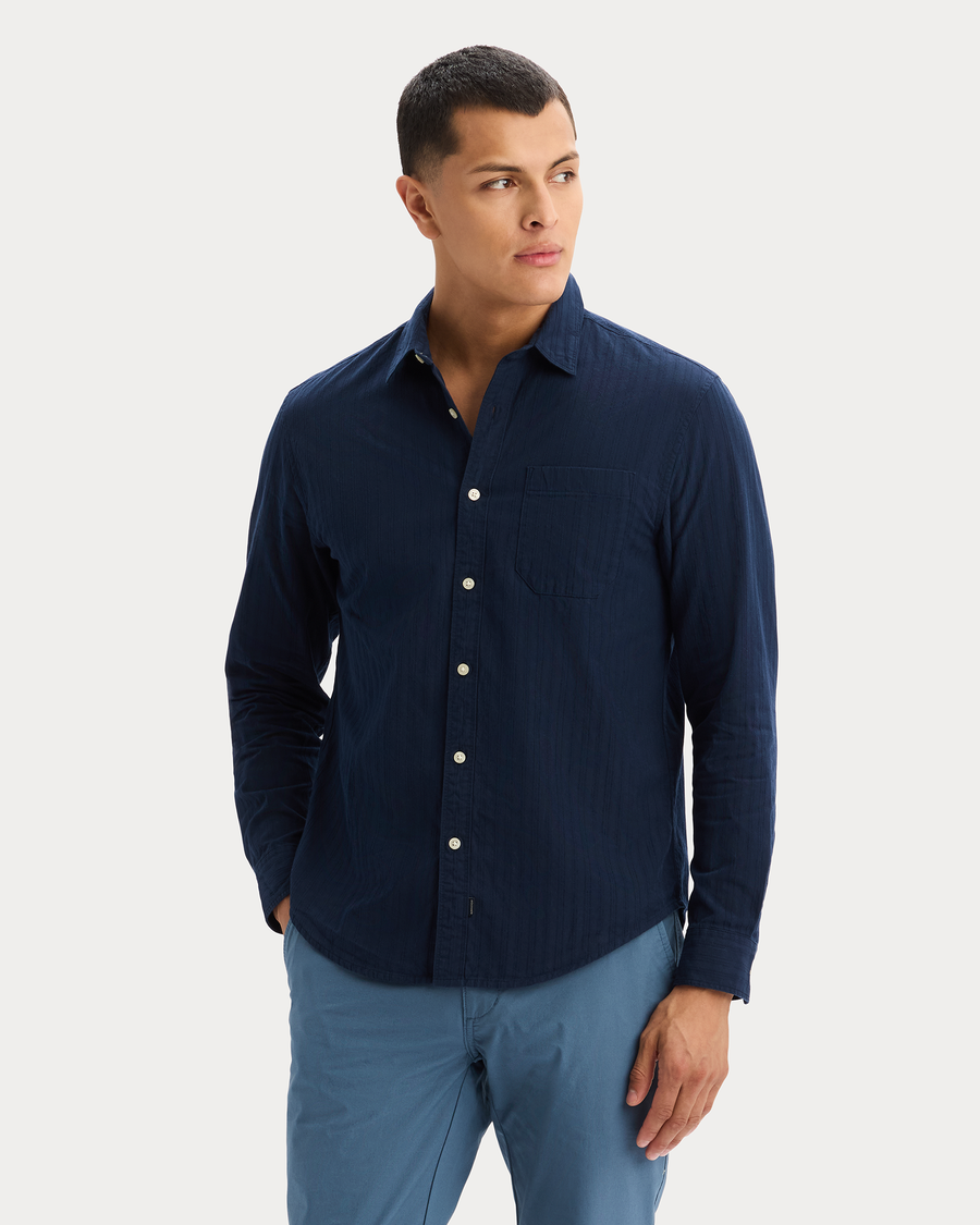 View of model wearing Dobby Navy Blazer Ultimate Shirt, Regular Fit.