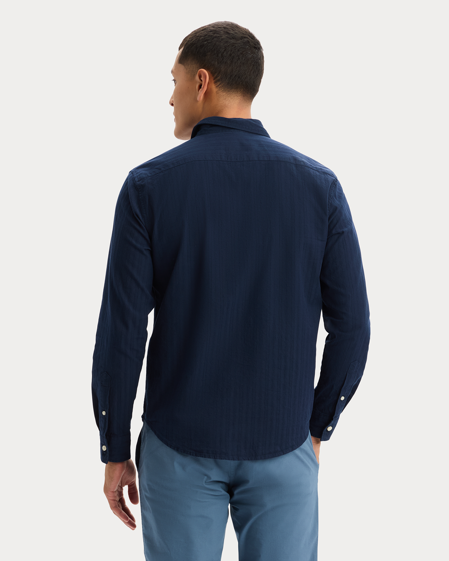 View of model wearing Dobby Navy Blazer Ultimate Shirt, Regular Fit.