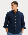 View of model wearing Dobby Navy Blazer Ultimate Shirt, Regular Fit.