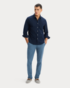 View of model wearing Dobby Navy Blazer Ultimate Shirt, Regular Fit.