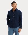 Front view of model wearing Dobby Navy Blazer Ultimate Shirt, Regular Fit.