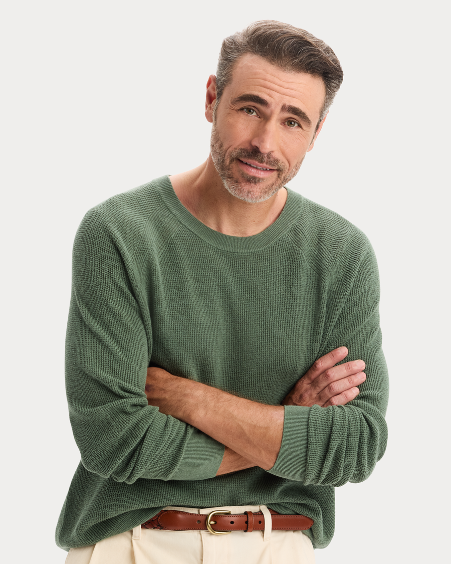 View of model wearing Duck Green Crewneck Sweater, Regular Fit.