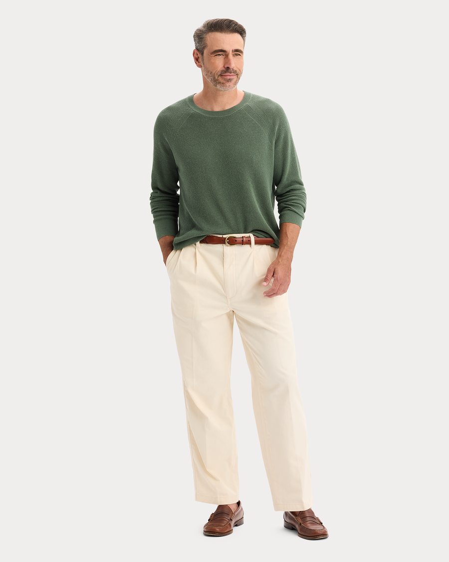 View of model wearing Duck Green Crewneck Sweater, Regular Fit.