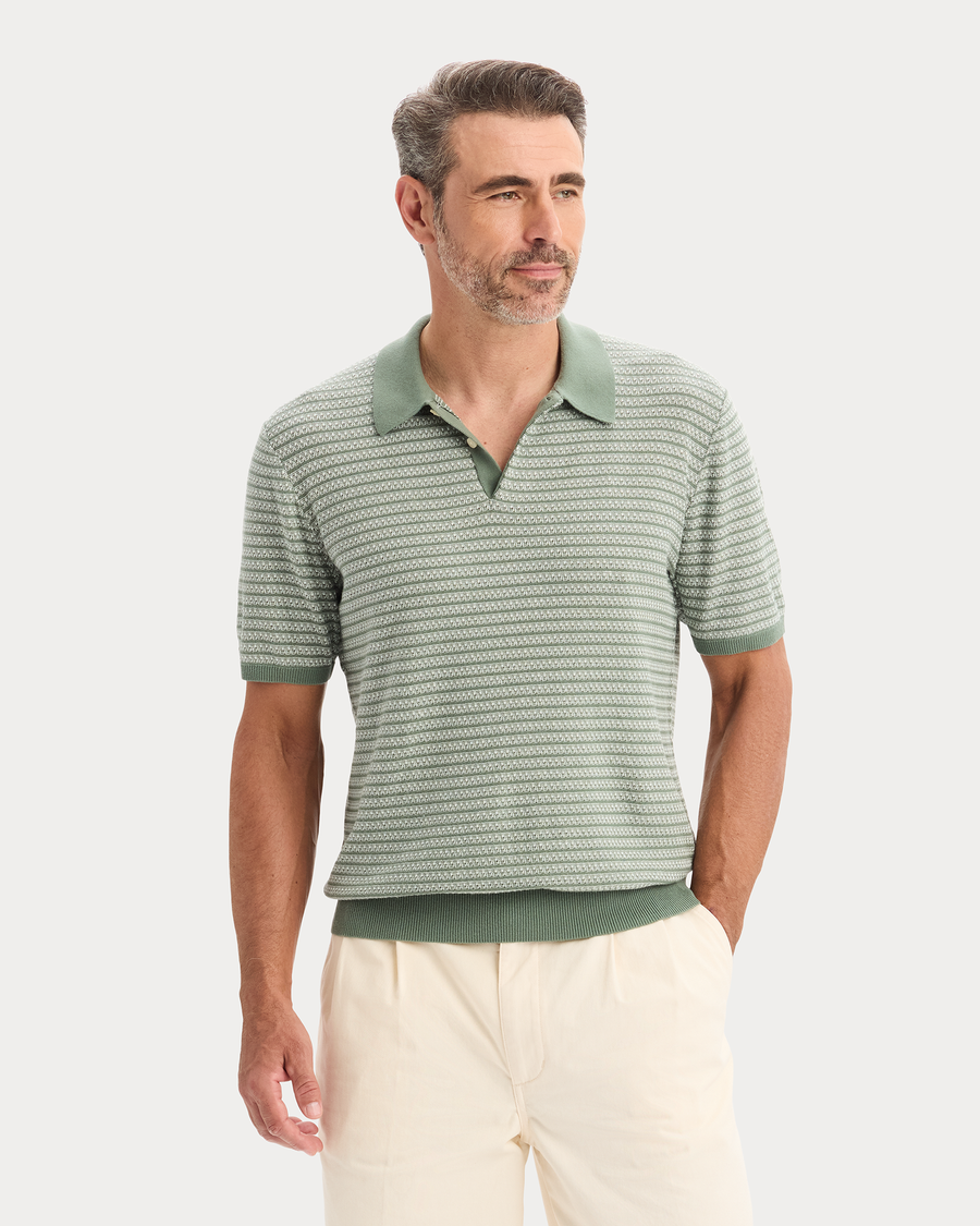 View of model wearing Duck Green Sweater Polo, Regular Fit.