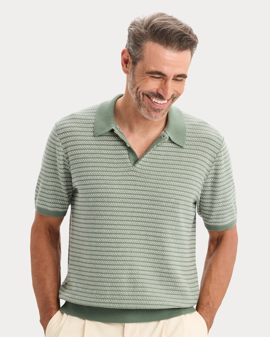 View of model wearing Duck Green Sweater Polo, Regular Fit.