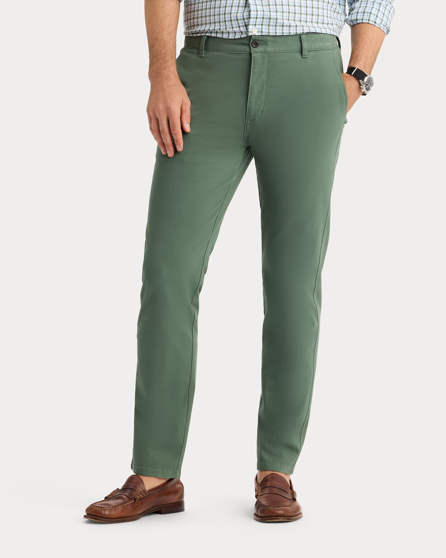 View of model wearing Duck Green Ultimate Chinos, Slim Fit.