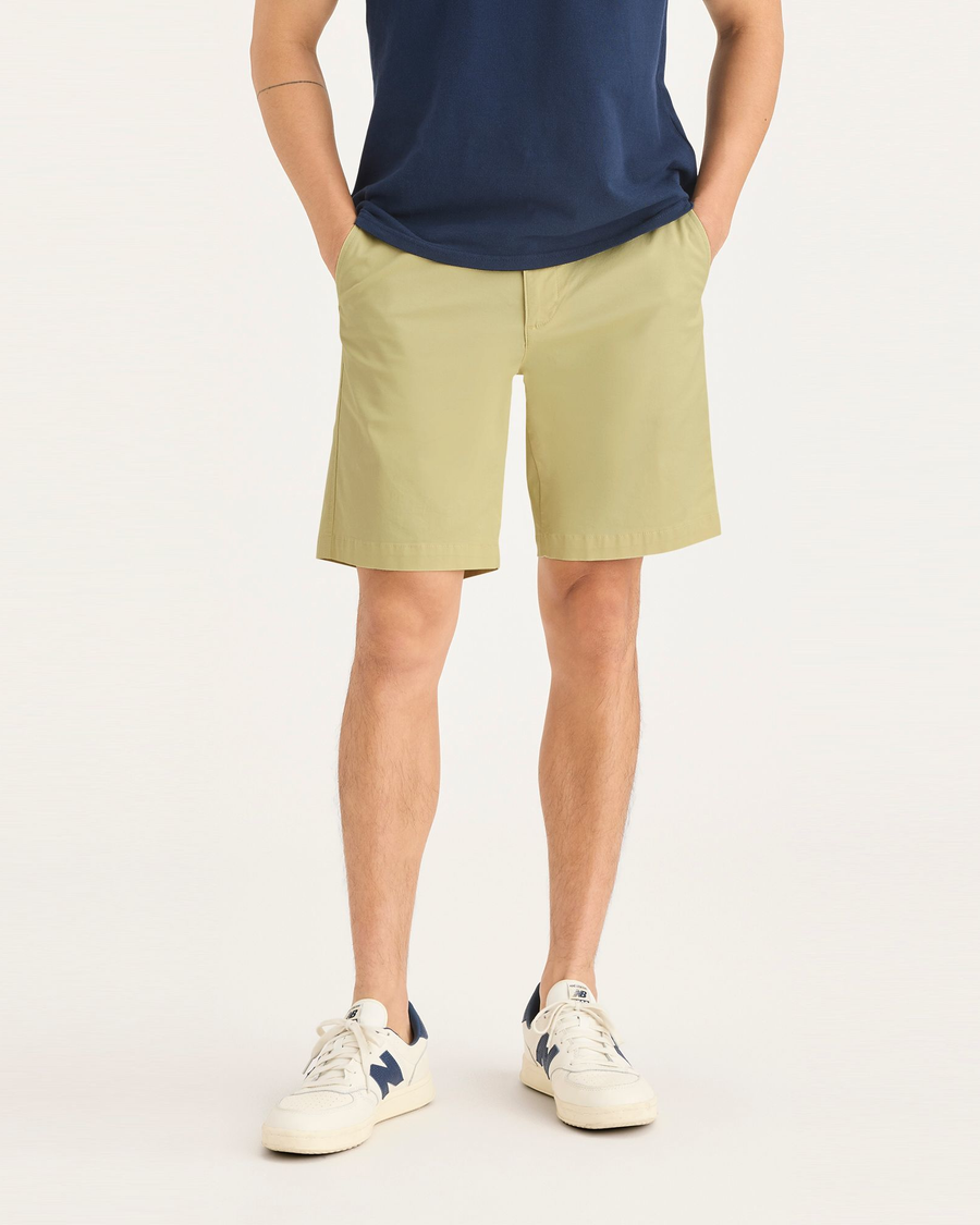 Front view of model wearing Dusty Yellow Men's Straight Fit Ultimate Short.