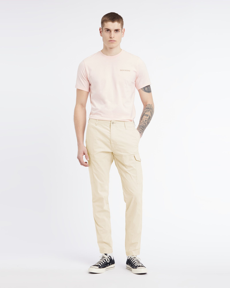 Front view of model wearing Egret Men's Slim Tapered Fit Cargo Pants.