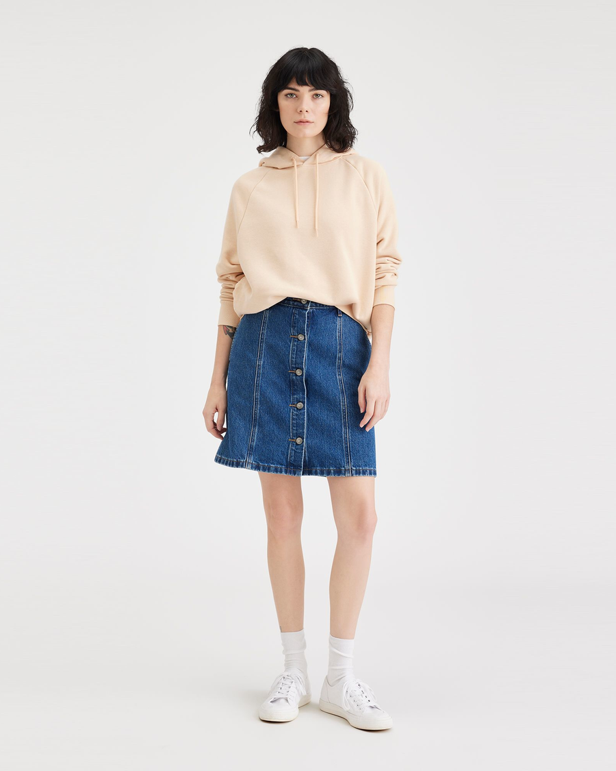 Front view of model wearing Estuary Women's Button Front Mini Skirt.