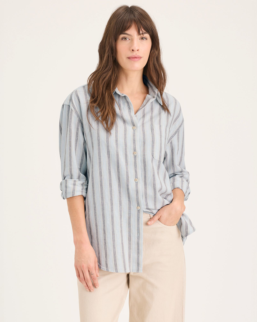 Front view of model wearing Euclid Artic Ice Women's Relaxed Fit Original Shirt.