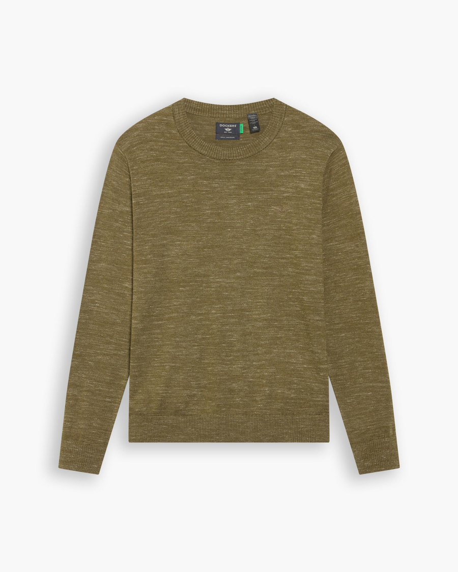 View of model wearing Fantasy Space Dye Dark Moss Crewneck Sweater,  Regular Fit.