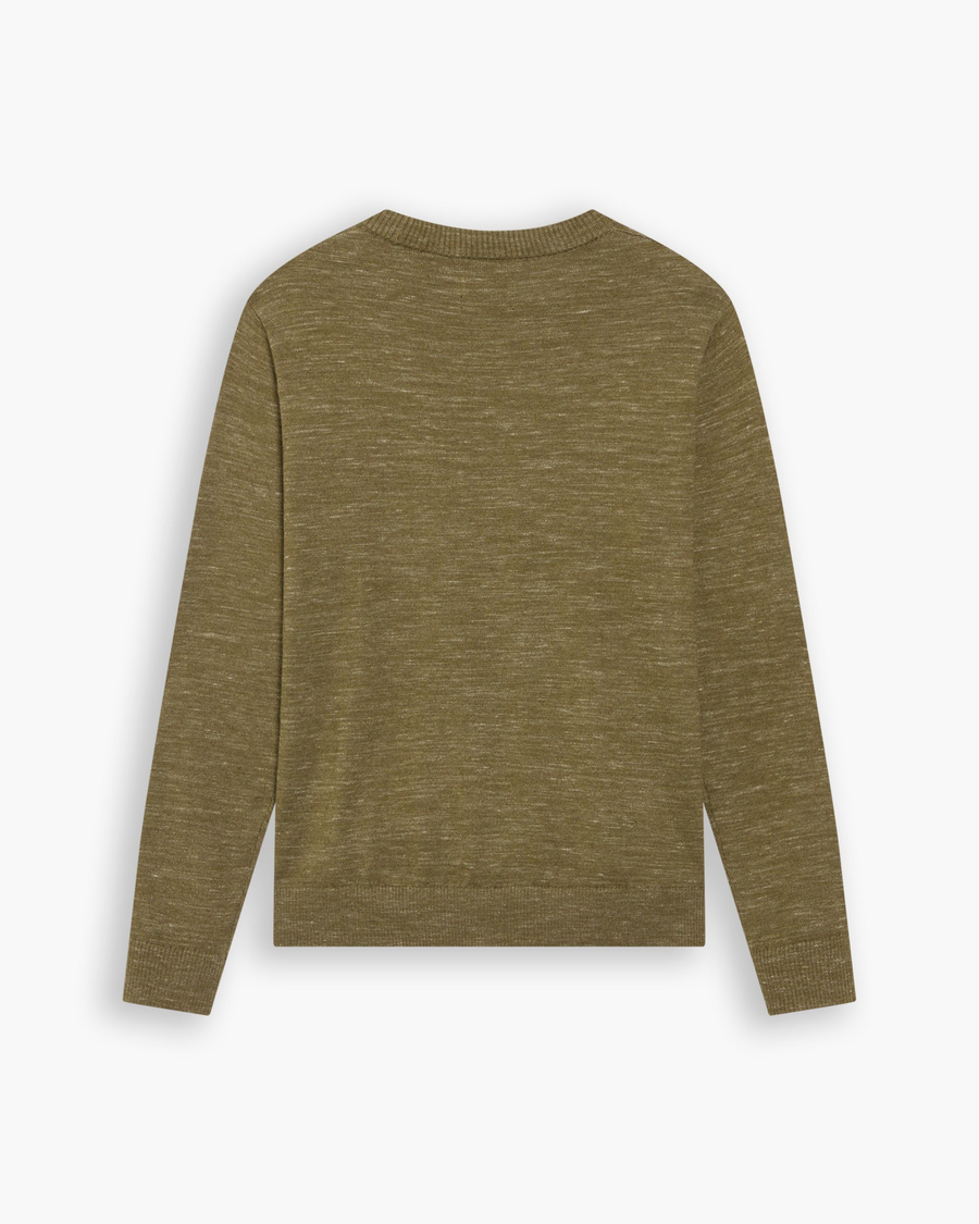 View of model wearing Fantasy Space Dye Dark Moss Crewneck Sweater,  Regular Fit.