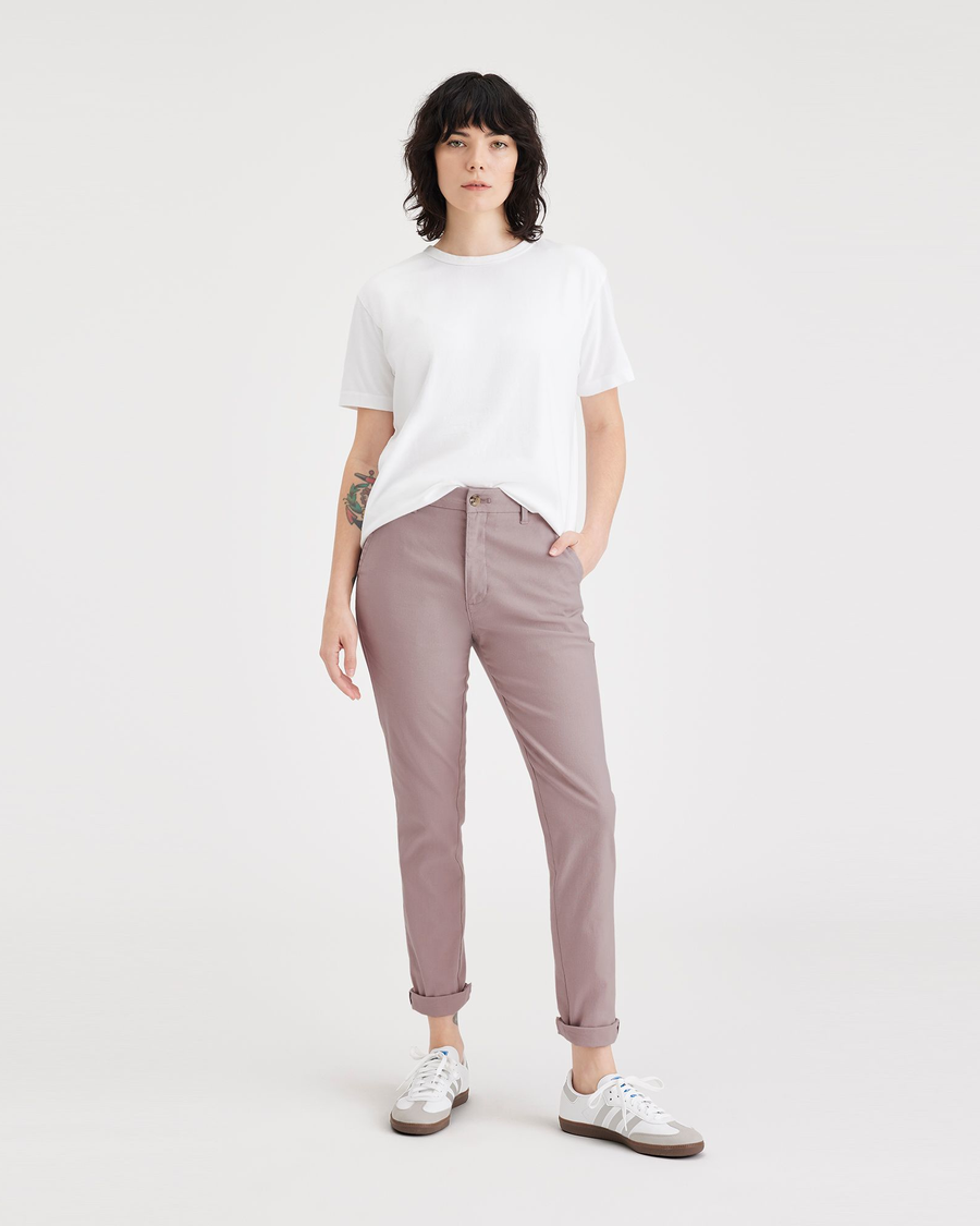 Front view of model wearing Fawn Women's Slim Fit Weekend Chino Pants.