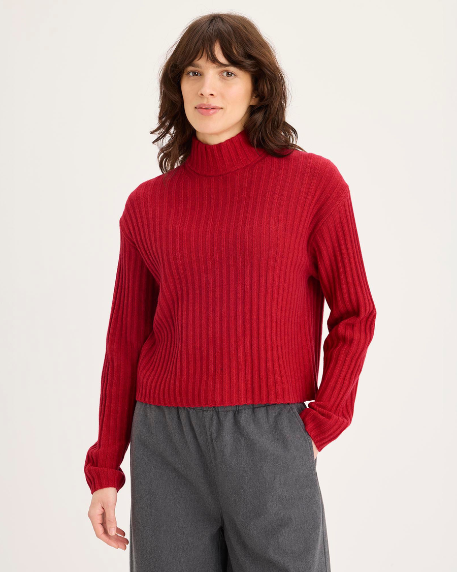 Front view of model wearing Fire Whirl Mockneck Sweater, Relaxed Fit.