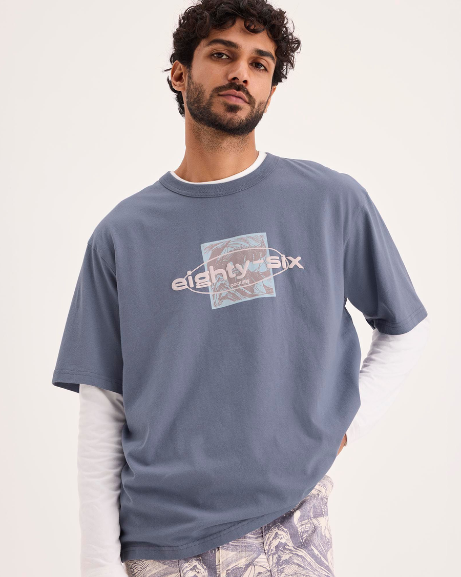 Front view of model wearing Folkstone Gray Eighty-Six Crewneck Tee, Relaxed Fit.