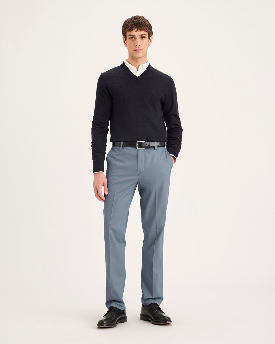 Front view of model wearing Folkstone Gray Signature Iron Free Khakis, Slim Fit with Stain Defender®.