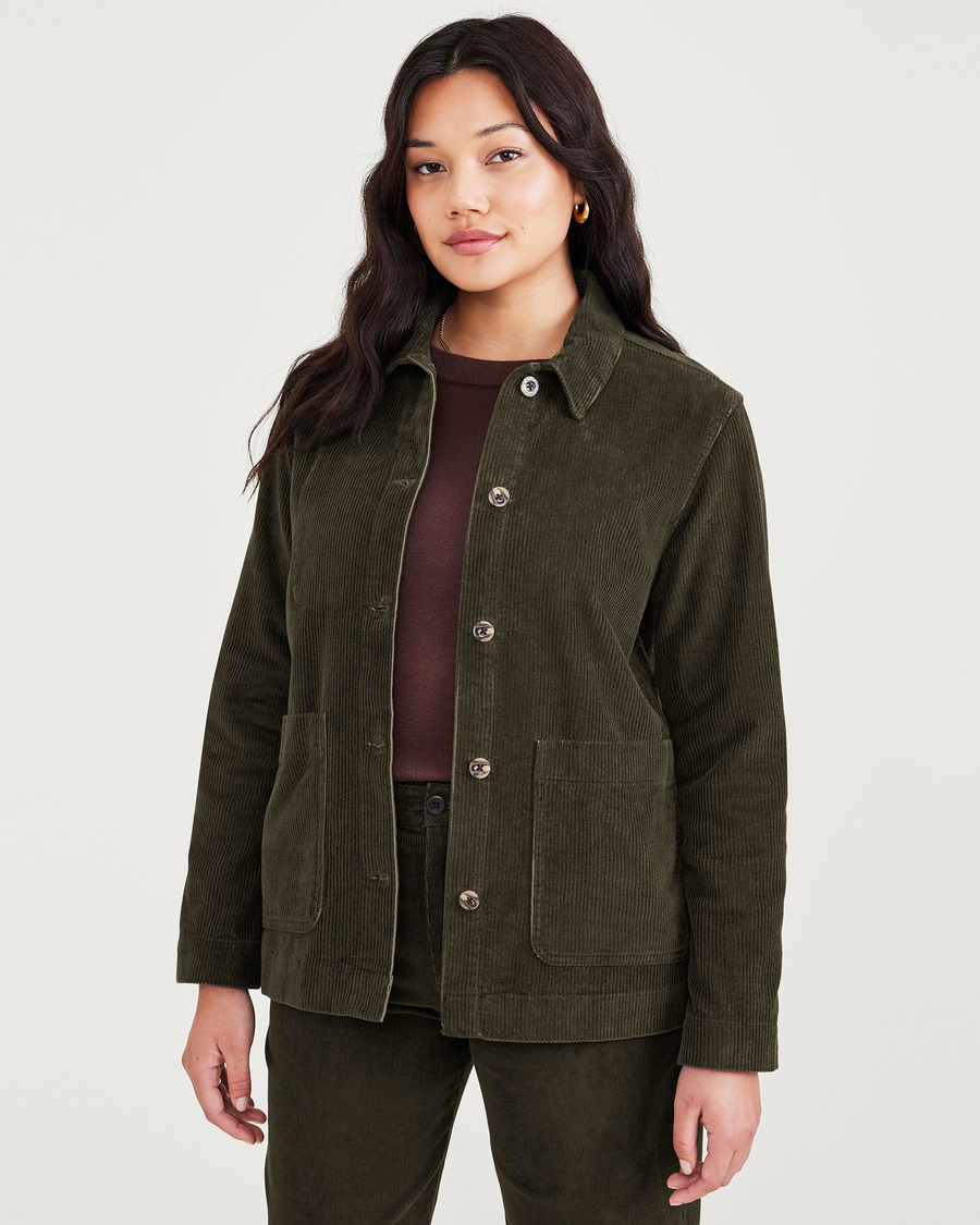 Front view of model wearing Forest Night Women's Regular Fit Chore Jacket.