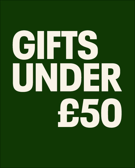 Green background with white text ' GIFTS UNDER £50' on a green background