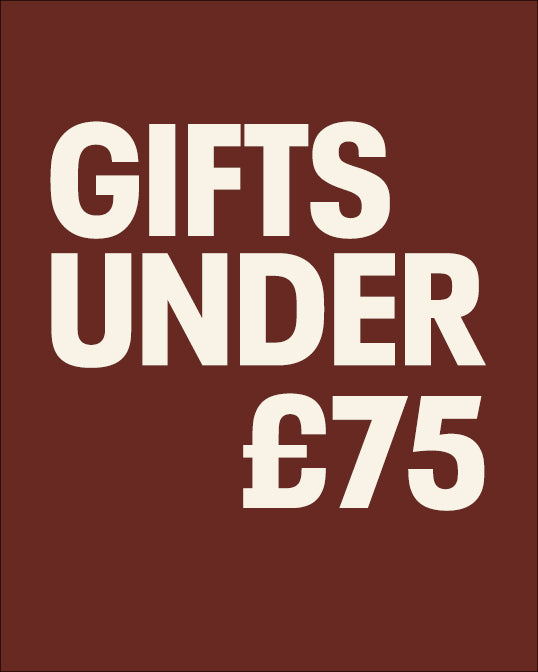 Text ' GIFTS UNDER £75' on a red background