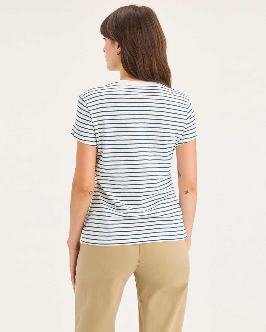 Back view of model wearing Gilly Stratified Sea Women's Slim Fit Favorite Tee.