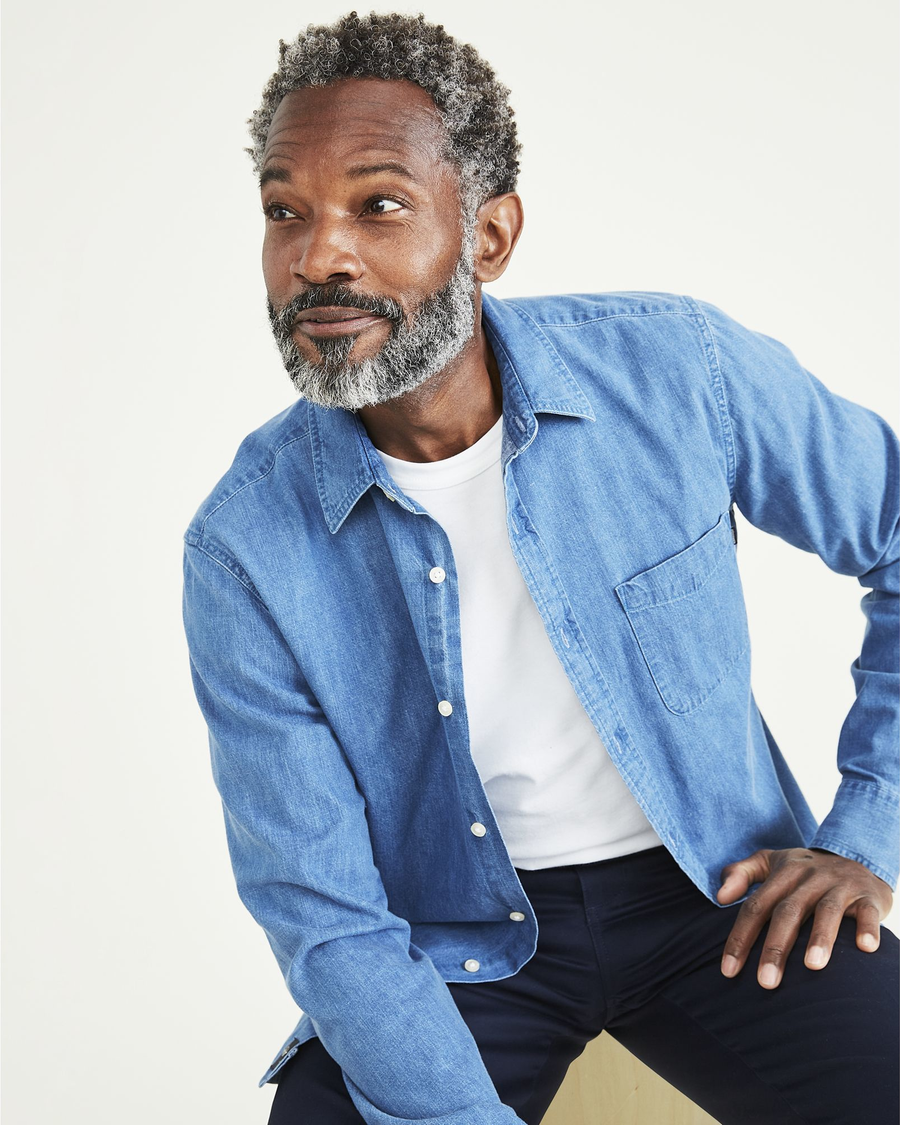 View of model wearing Glory Light Indigo Men's Slim Fit Icon Button Up Shirt.