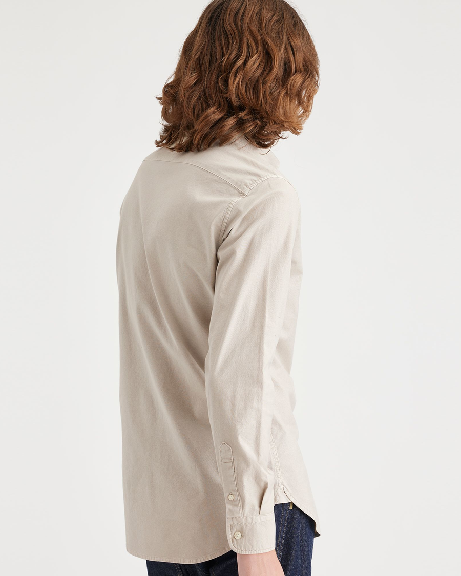Back view of model wearing Grit Dyed Oxford Men's Slim Fit 2 Button Collar Shirt.