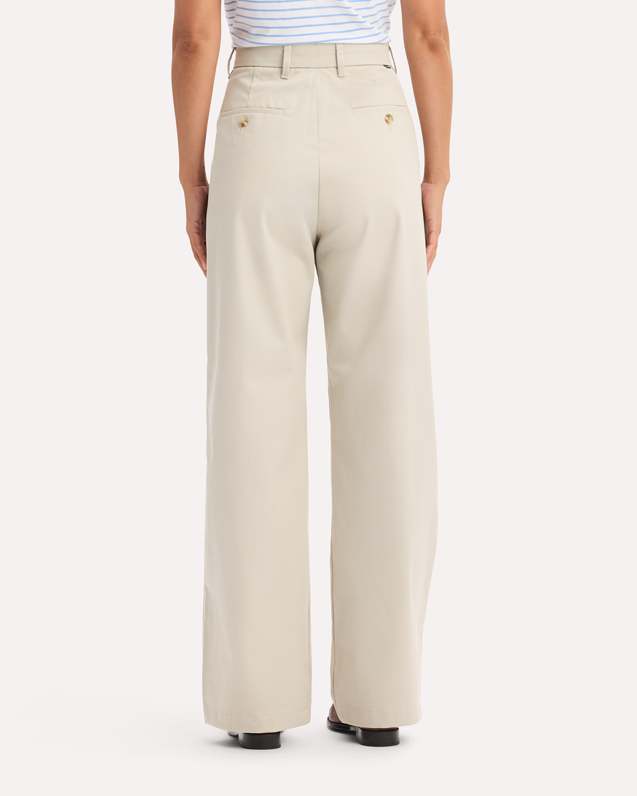 View of model wearing Grit Signature Iron Free Khakis, High Wide with Stain Defender®.