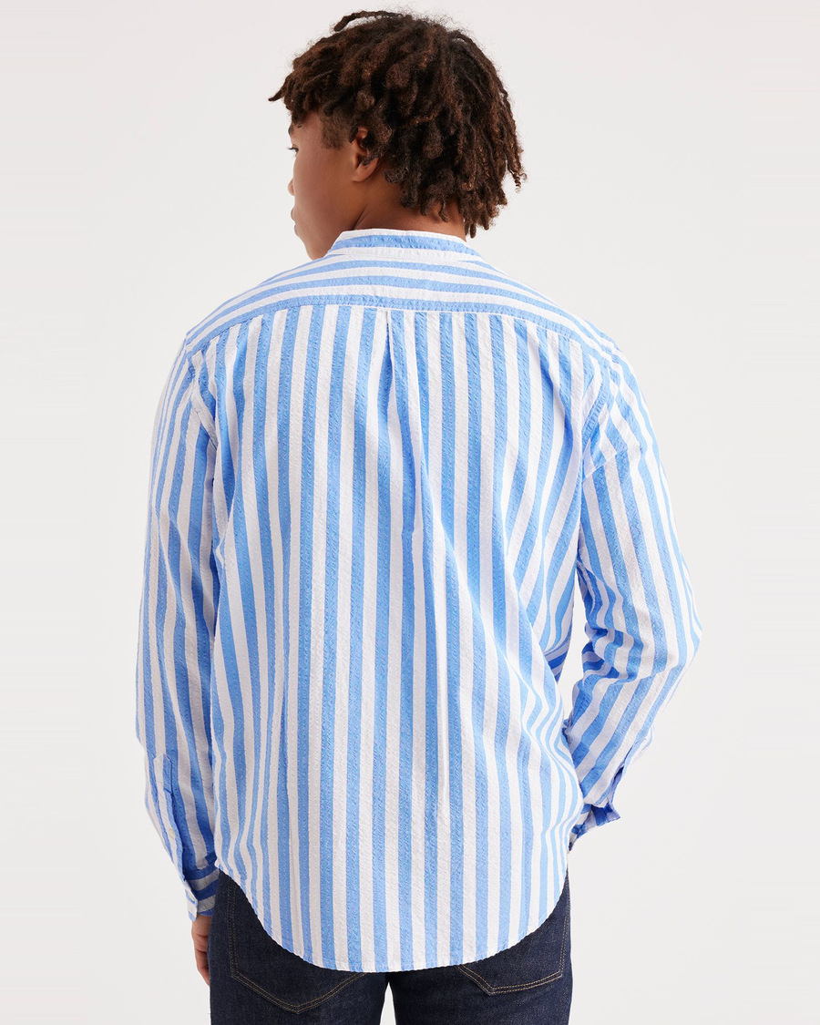 Back view of model wearing Half Time Ceramic Blue Men's Regular Fit Band Collar Shirt.