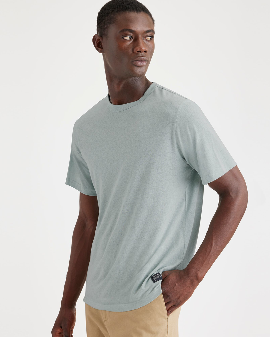 View of model wearing Harbor Gray Men's Regular Fit Original Tee Shirt.