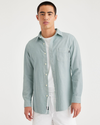 Front view of model wearing Harbor Gray Men's Slim Fit Icon Button Up Shirt.