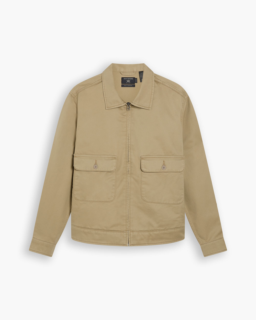 View of model wearing Harvest Gold Mechanic's Jacket, Regular Fit.