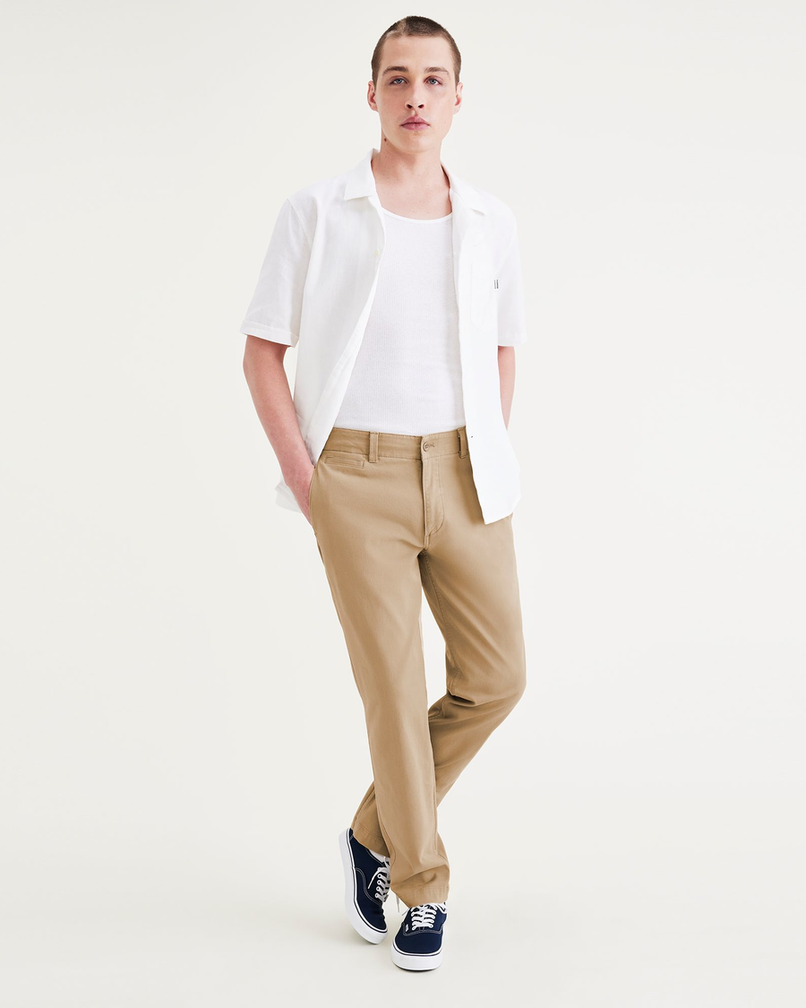 View of model wearing Harvest Gold Men's Slim Fit Smart 360 Flex California Chino Pants.