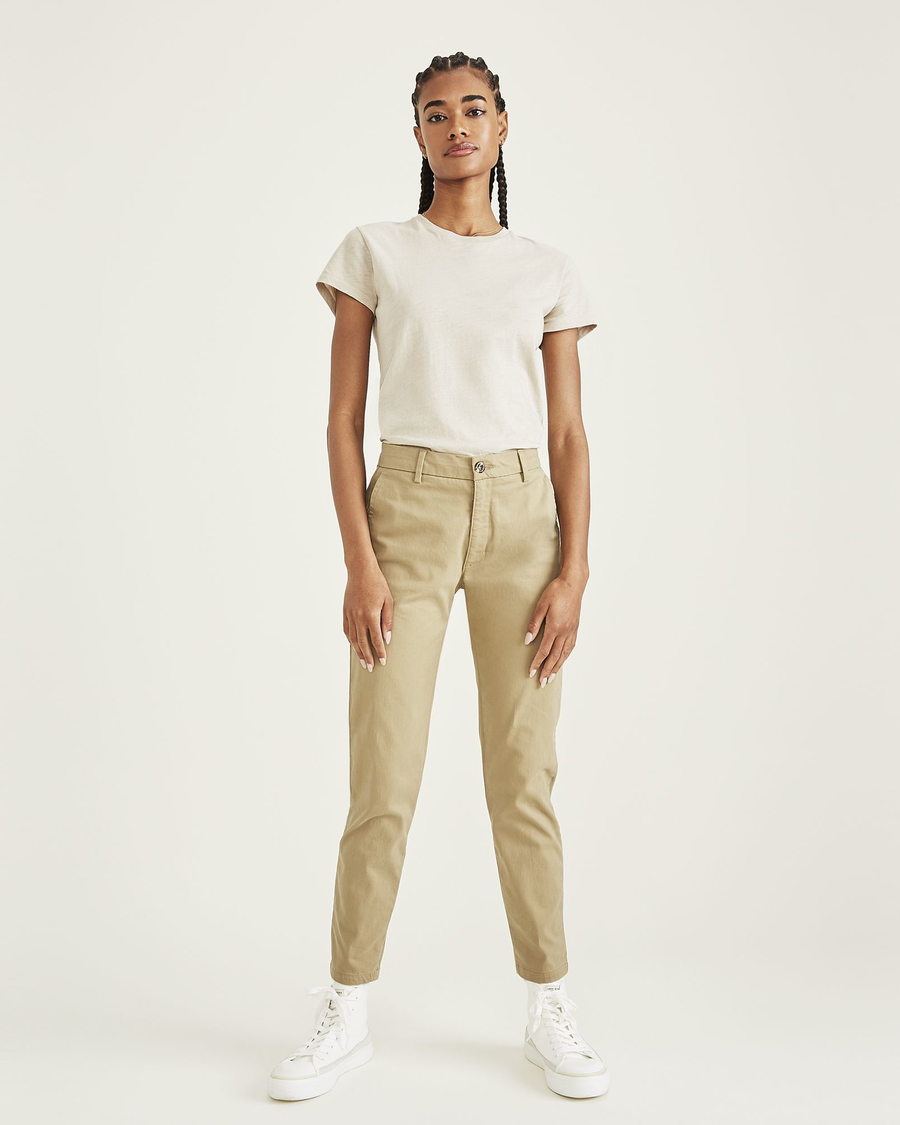 Front view of model wearing Harvest Gold Women's Skinny Fit Chino Pants.