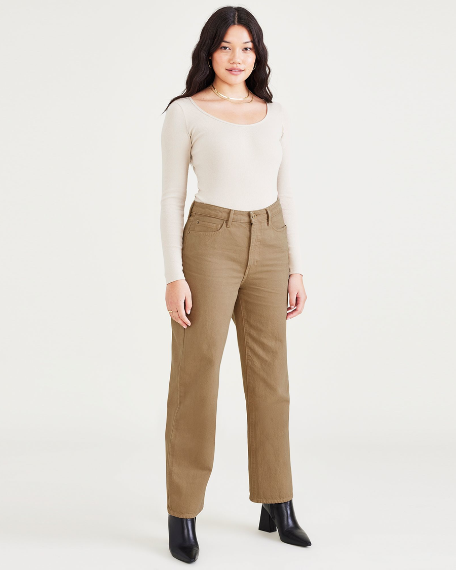 Front view of model wearing Harvest Gold Women's Straight Fit High Jean Cut Pants.