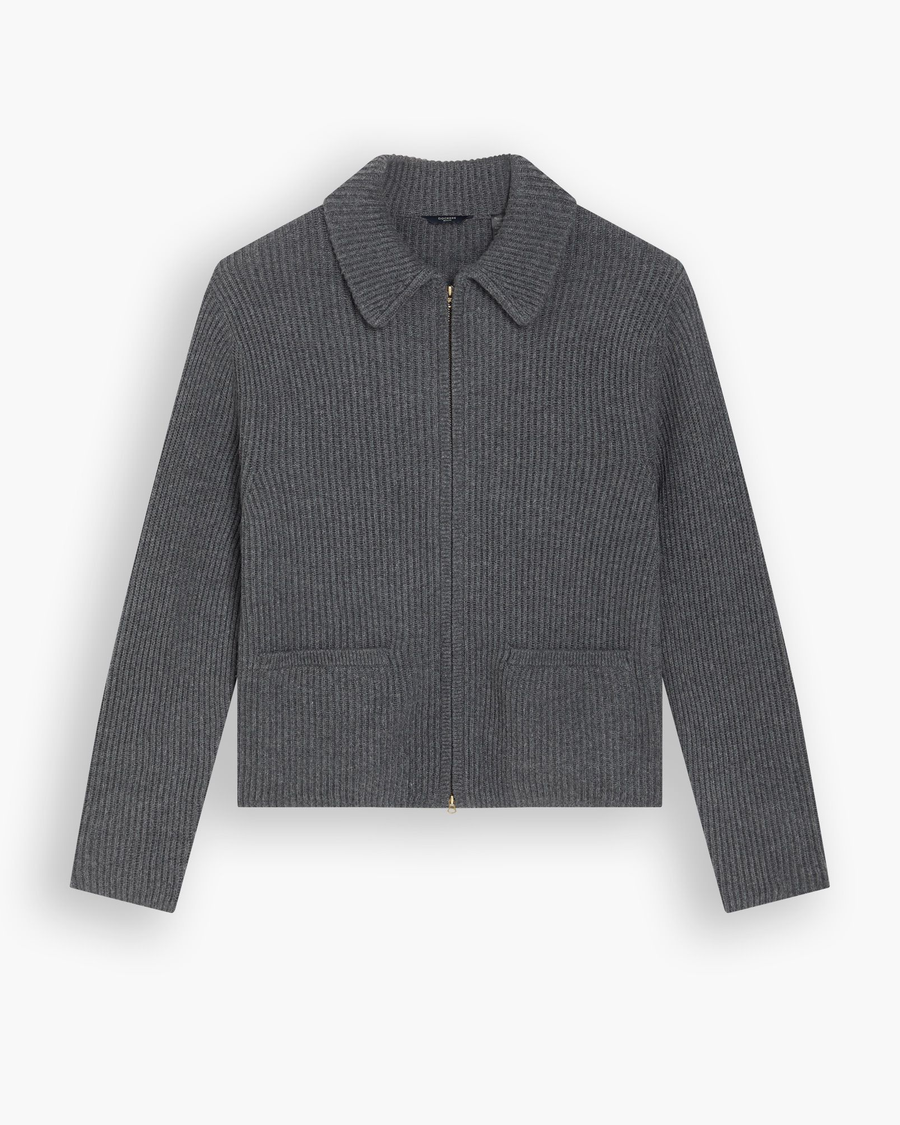 View of model wearing Heather Gray Sweater Jacket, Regular Fit.