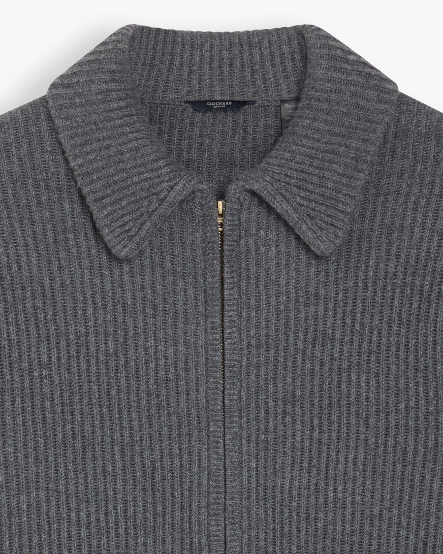 View of model wearing Heather Gray Sweater Jacket, Regular Fit.