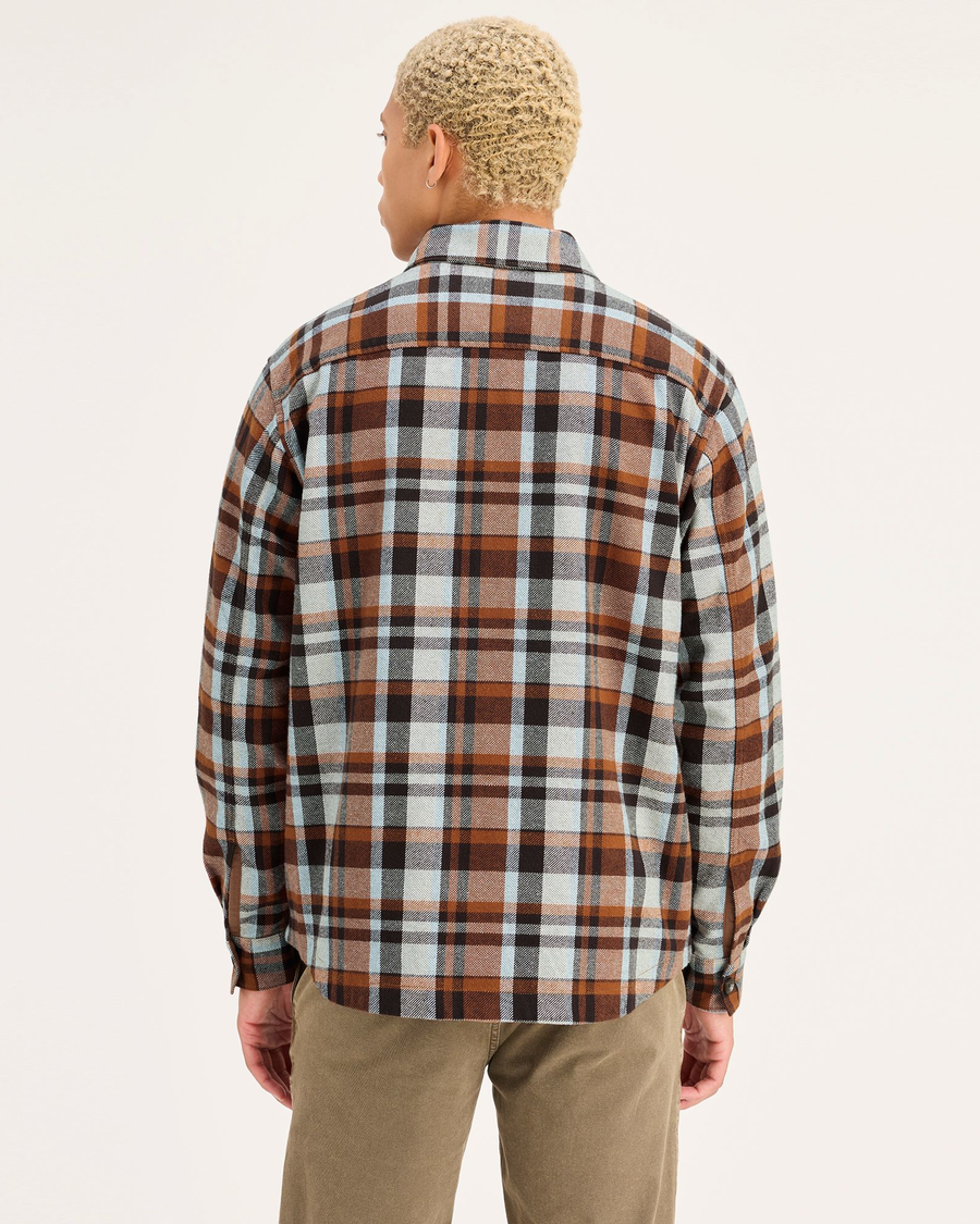 Back view of model wearing Hielo Caramel Café Men's Relaxed Fit Overshirt.