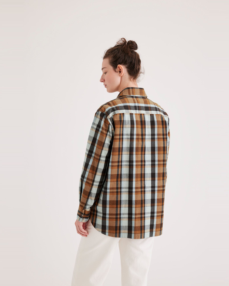 Back view of model wearing Hielo Caramel Café Women's Relaxed Fit Shirt Jacket.