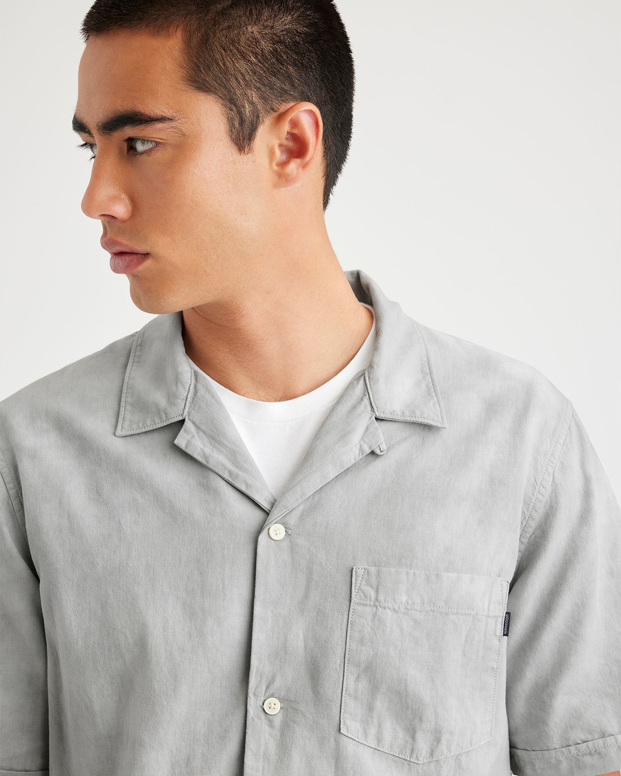 View of model wearing High-Rise Men's Regular Fit Camp Collar Shirt.