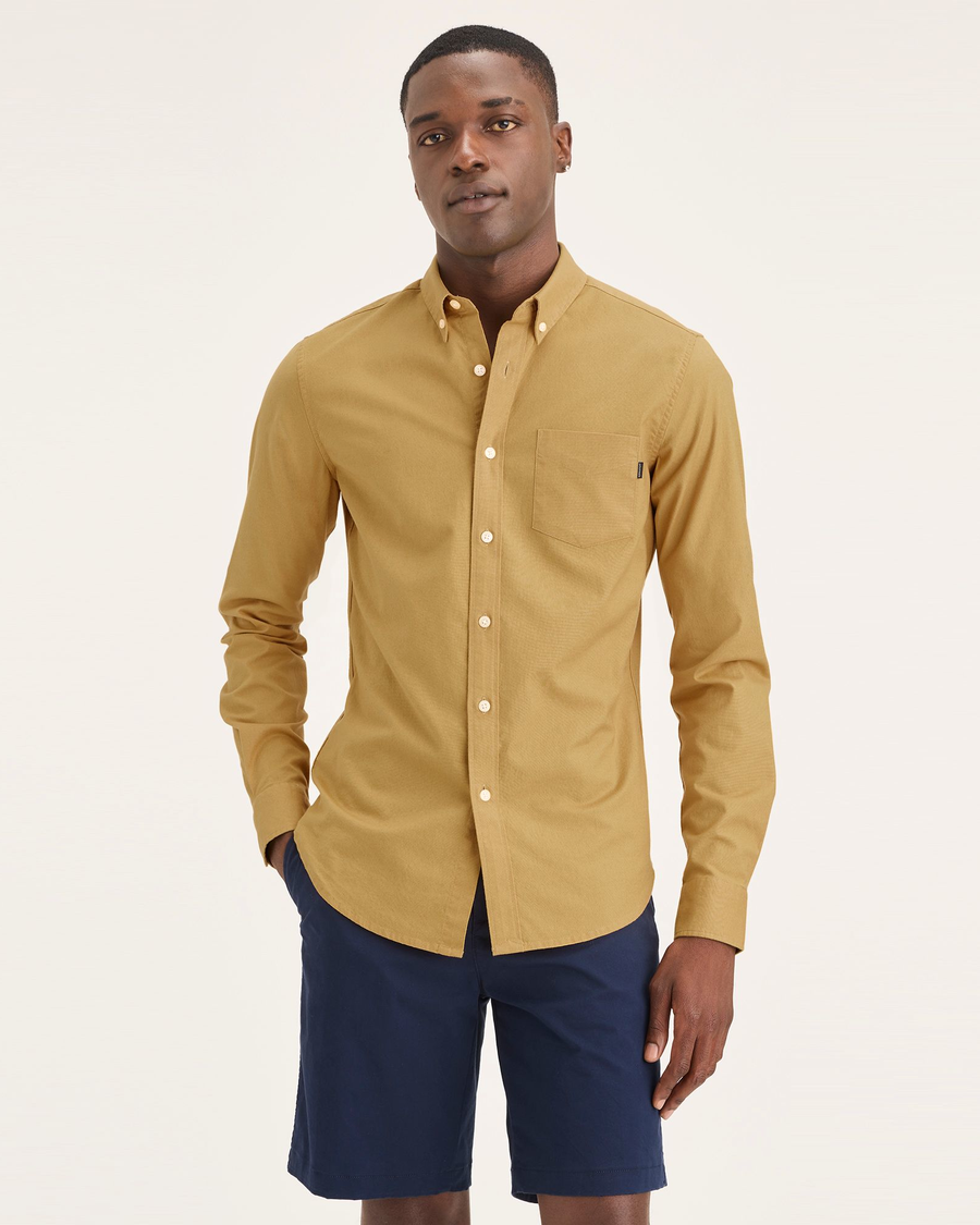 Front view of model wearing Honey Mustard Solid Men's Slim Fit 2 Button Collar Shirt.