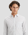 View of model wearing Horizon Navy Blazer Men's Slim Fit Icon Button Up Shirt.
