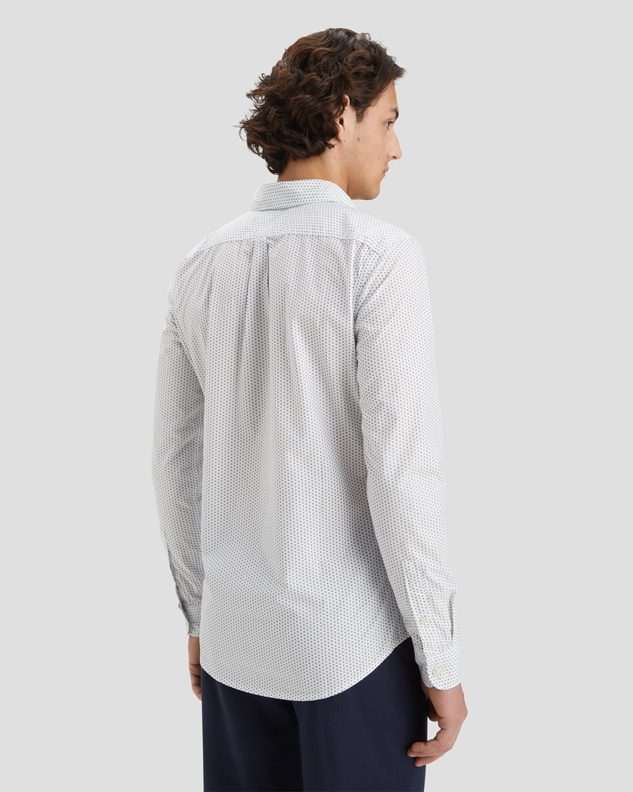 Back view of model wearing Horizon Navy Blazer Men's Slim Fit Icon Button Up Shirt.