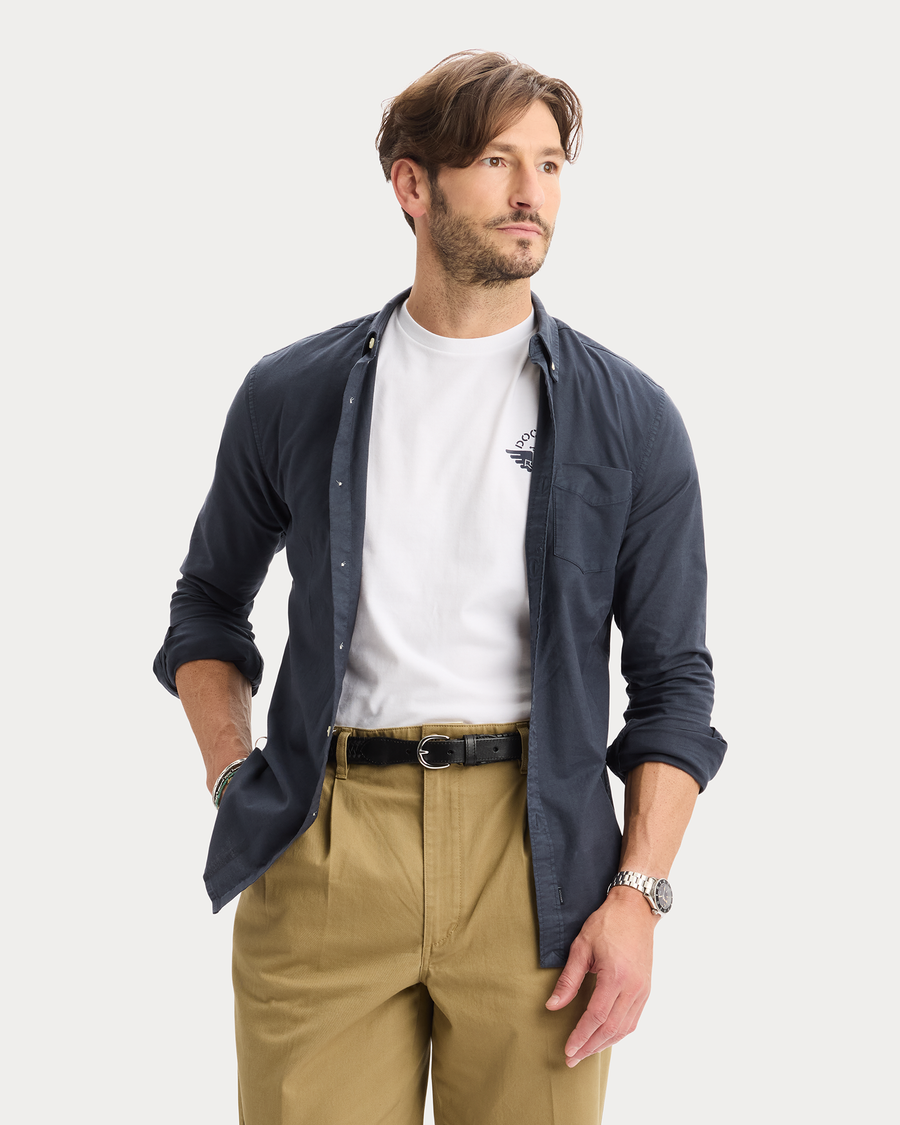 View of model wearing India Ink Oxford Shirt, Slim Fit.