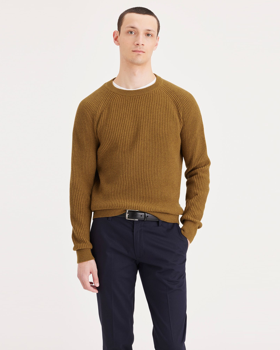 Front view of model wearing Indian Khaki Men's Regular Fit Crewneck Sweater.